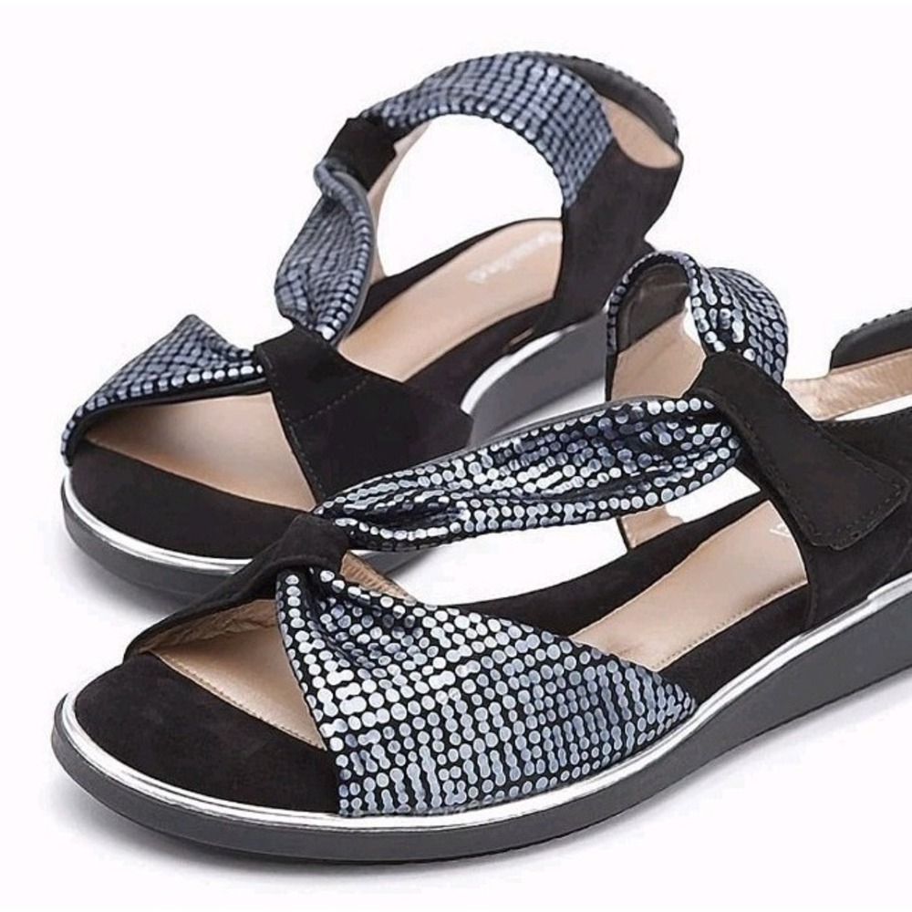 Beautifeel Camille 38 US 7.5 Mosaic Leather Sandal Black‎ Metallic Comfort Strap